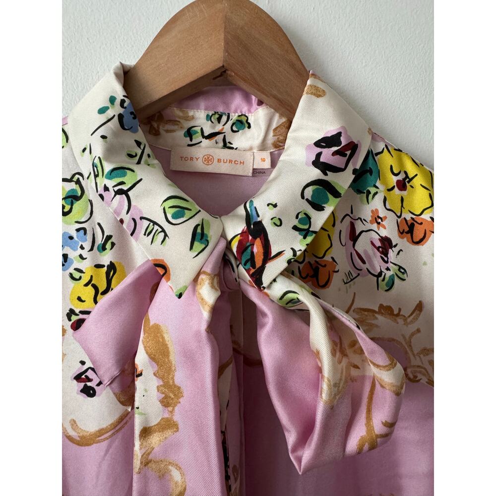Tory Burch 10 Floral Print Tie Neck Silk Dress in Pink - Picture 4 of 11